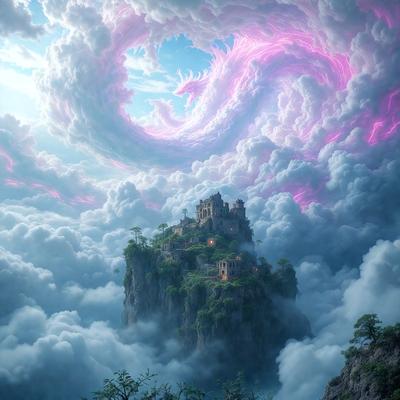 The primary subject of the image is a large, castle-like structure situated on top of a mountain. The setting is a cloudy sky, with the castle surrounded by a lush green forest. The visual style is a digital art or illustration, creating a fantastical and whimsical atmosphere. The dominant colors are purple and pink, which add to the dreamy and surreal quality of the scene.